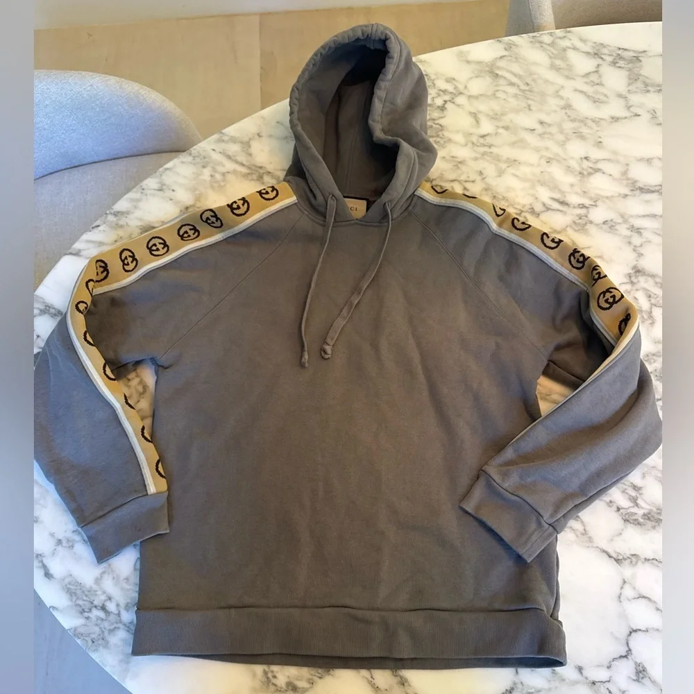 EUC Gucci Tape Detail Popover Hoodie Sweatshirt “Smoke Grey” Men Sz S
